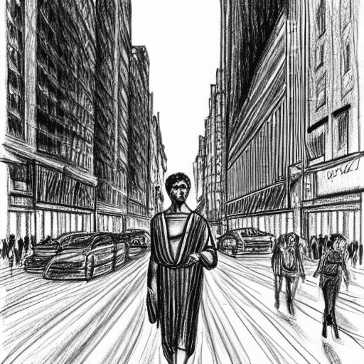 A drawing of Plato walking down Fifth Avenue in New York