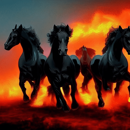 A herd of black horses riding over the hell's fire