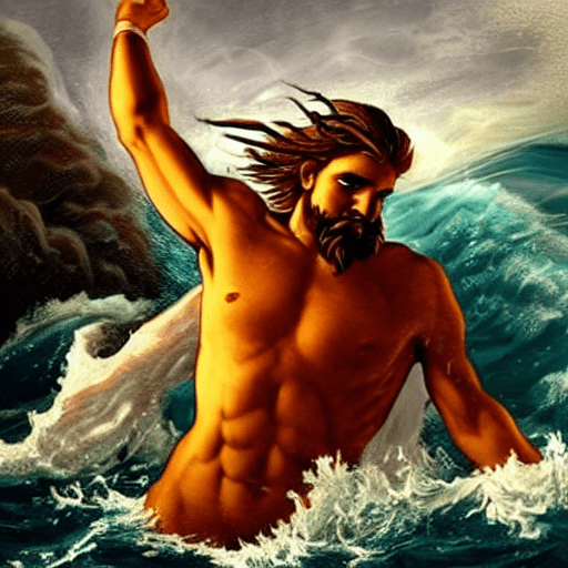 Zeus, the Greek God, fighting against Poseidon, the sea God, in the middle of the ocean