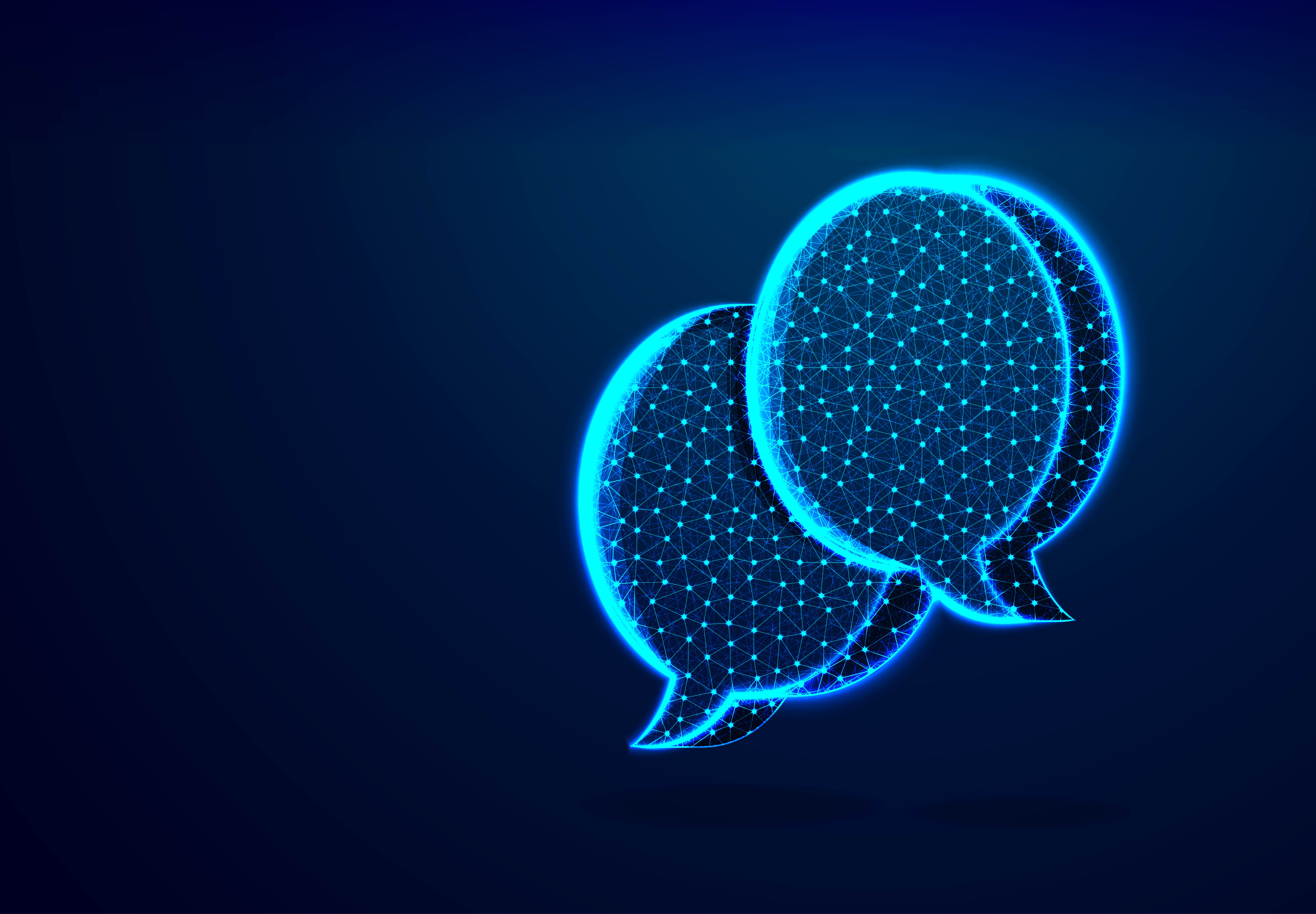 Dialogue, Chat clouds. Speech bubble icon from lines, triangles and particle style design. Low poly technology, devices, people communication concept on blue background.